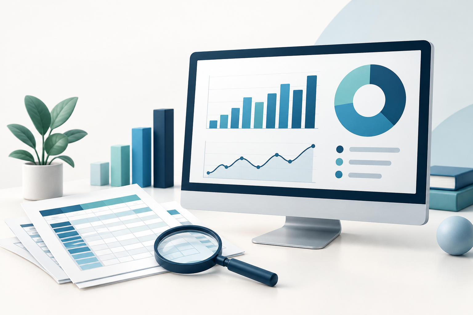 Illustration of a business data analytics dashboard with bar, line and donut charts beside spreadsheet data.