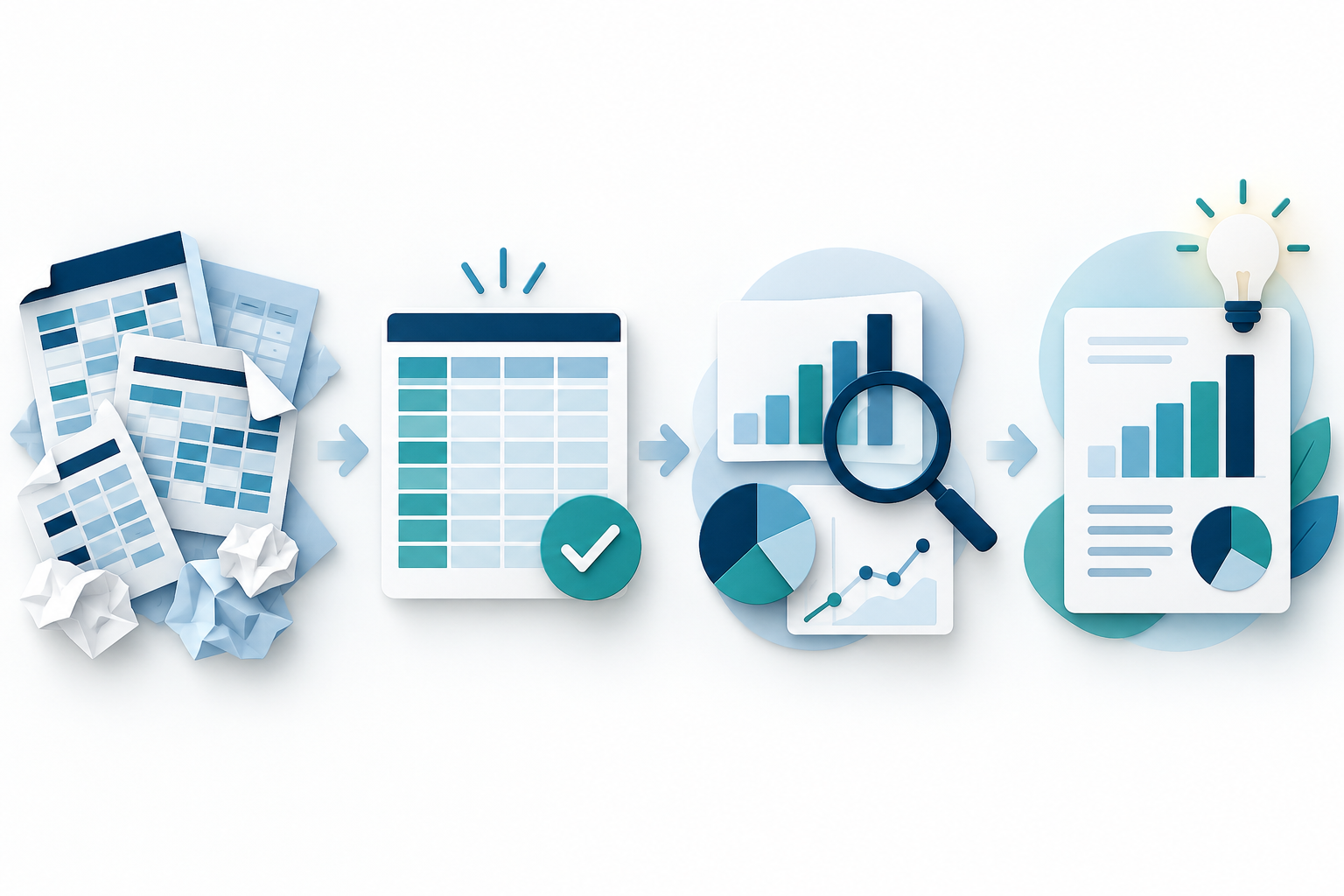 Data analytics workflow showing raw spreadsheets, cleaned data, statistical analysis and a report with insights.